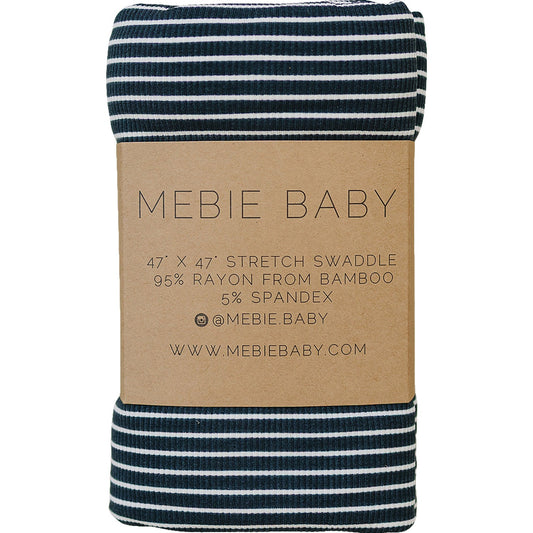 Striped swaddle blanket with MEBIE BABY packaging on a white background