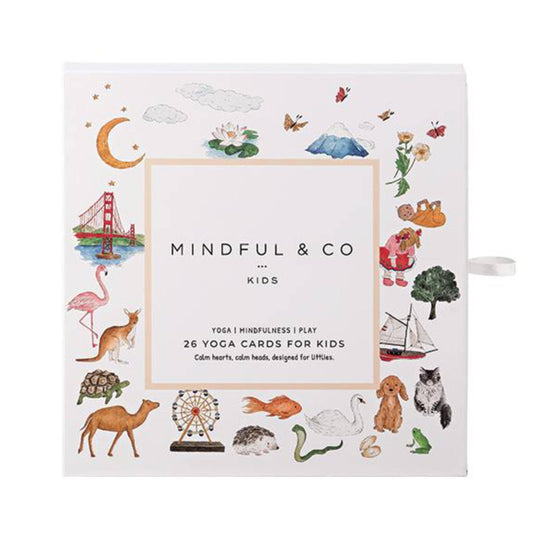 A pack of 'Mindful & Co Kids' yoga flash cards with illustrations of various animals and poses, designed for children.