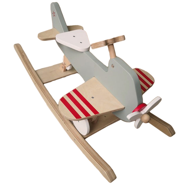 Wooden airplane-shaped rocking toy on a white background