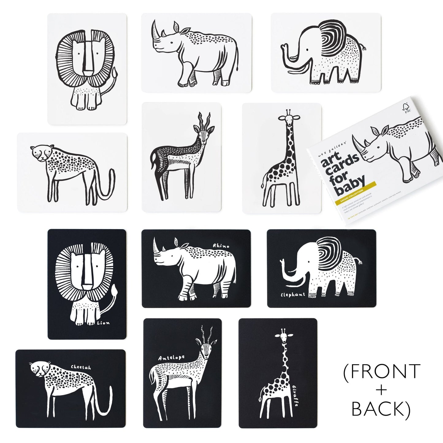 Set of black and white animal illustration cards for babies, showing front and back designs.