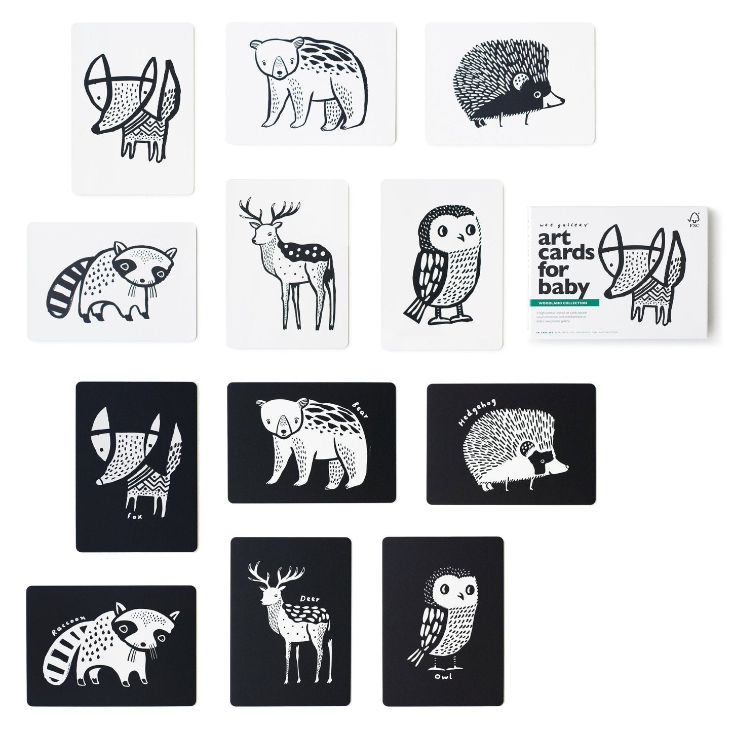 Set of black and white animal illustration cards on a white background
