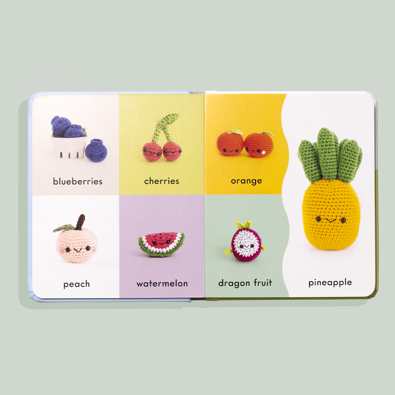 Board book illustrations with various crochet fruit.