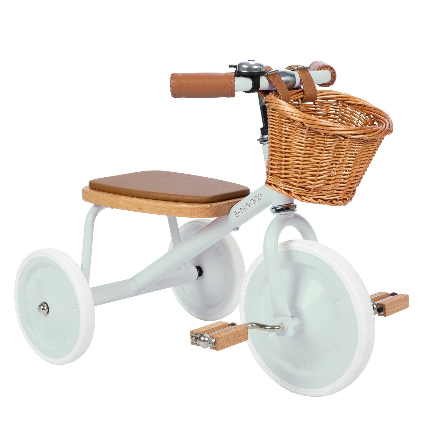 Children's tricycle with wooden seat and basket on a white background