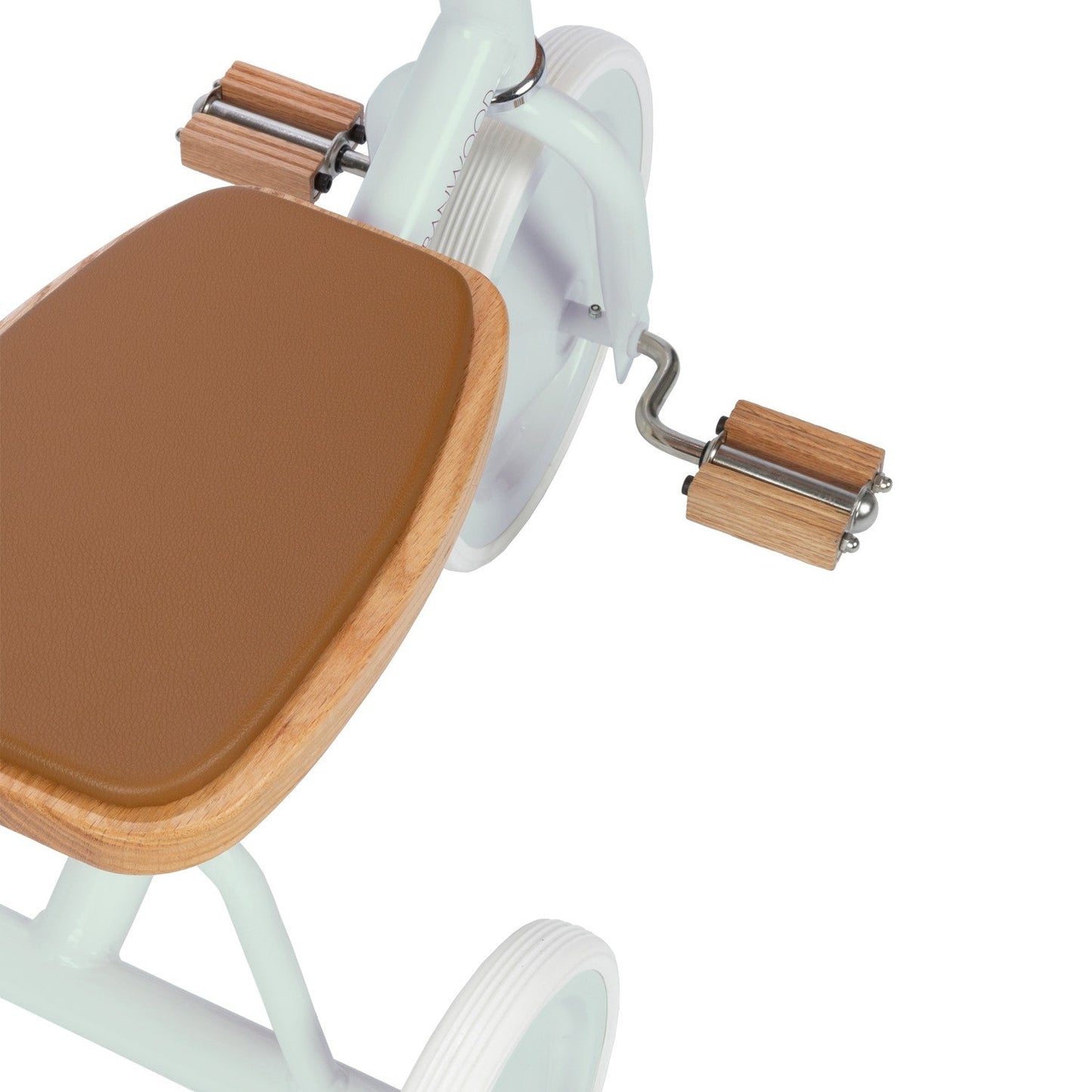 Close-up of a chair with a brown seat and wooden armrests on a white background