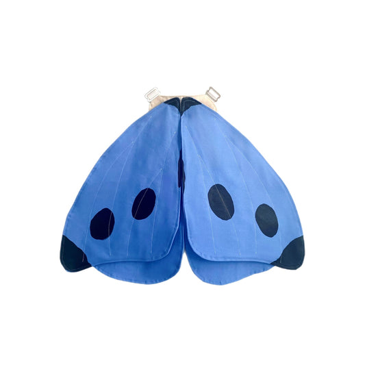 Blue butterfly wings with black spots on a white background