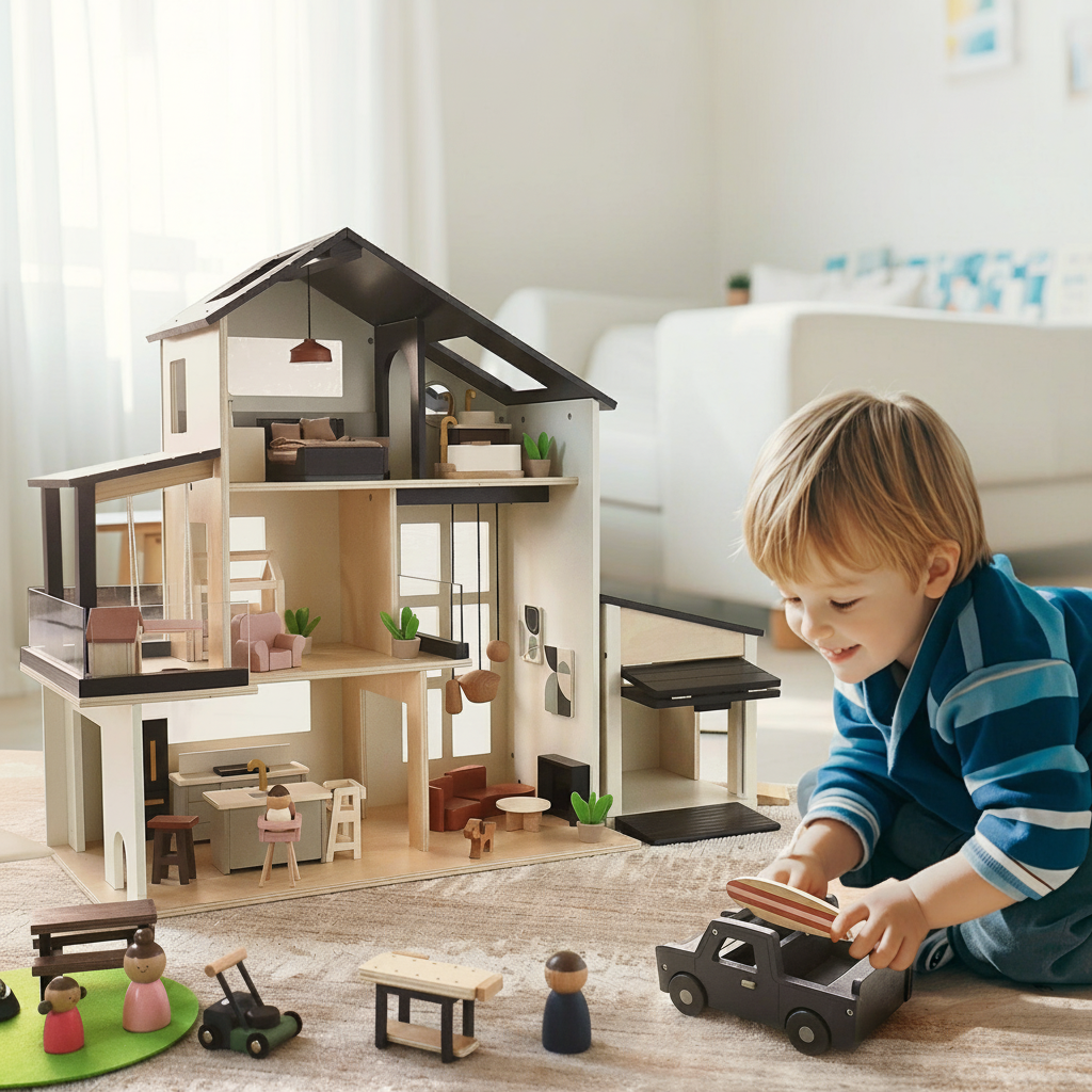Child playing with a detailed dollhouse and toys in a bright room.