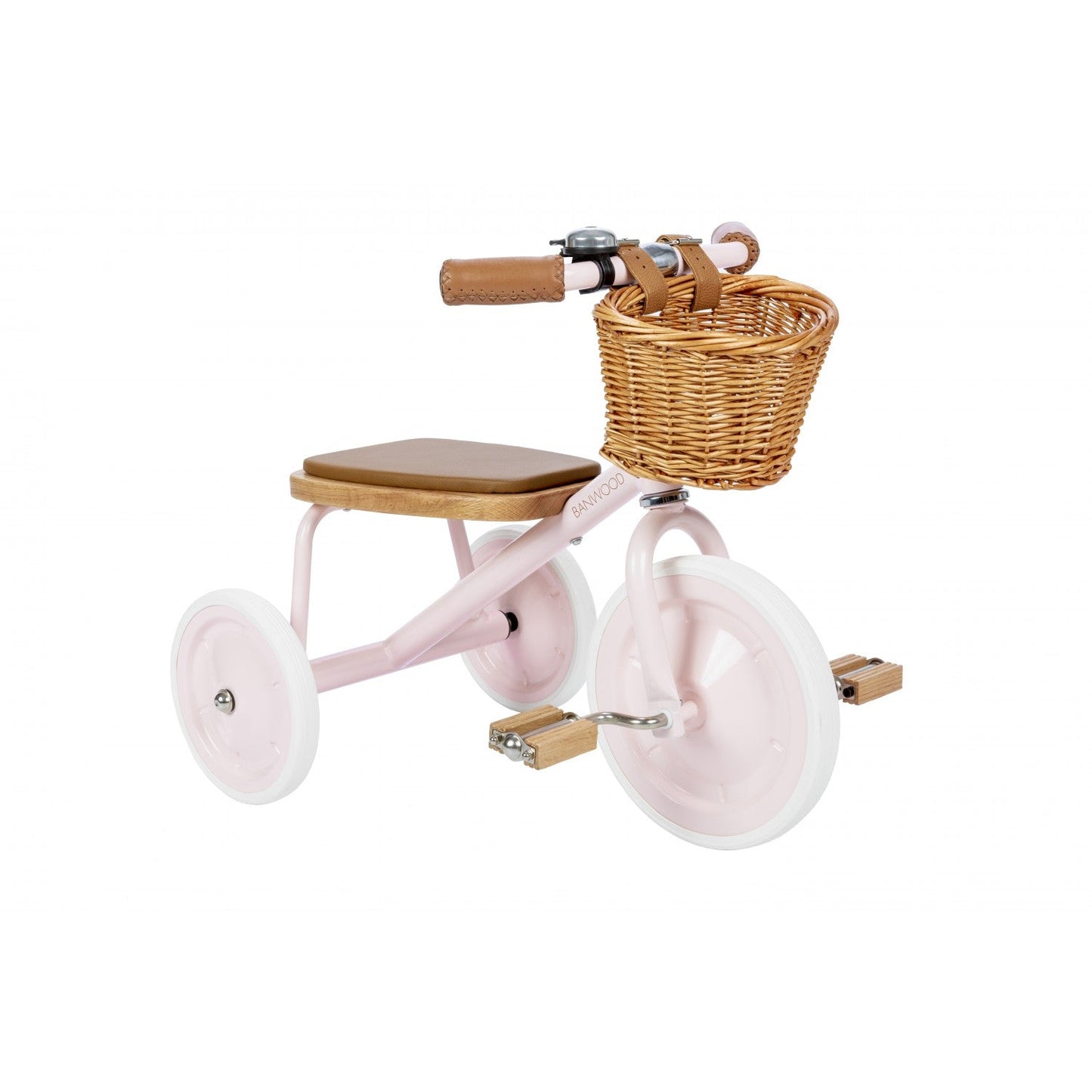 Pink children's tricycle with a wicker basket and seat on a white background