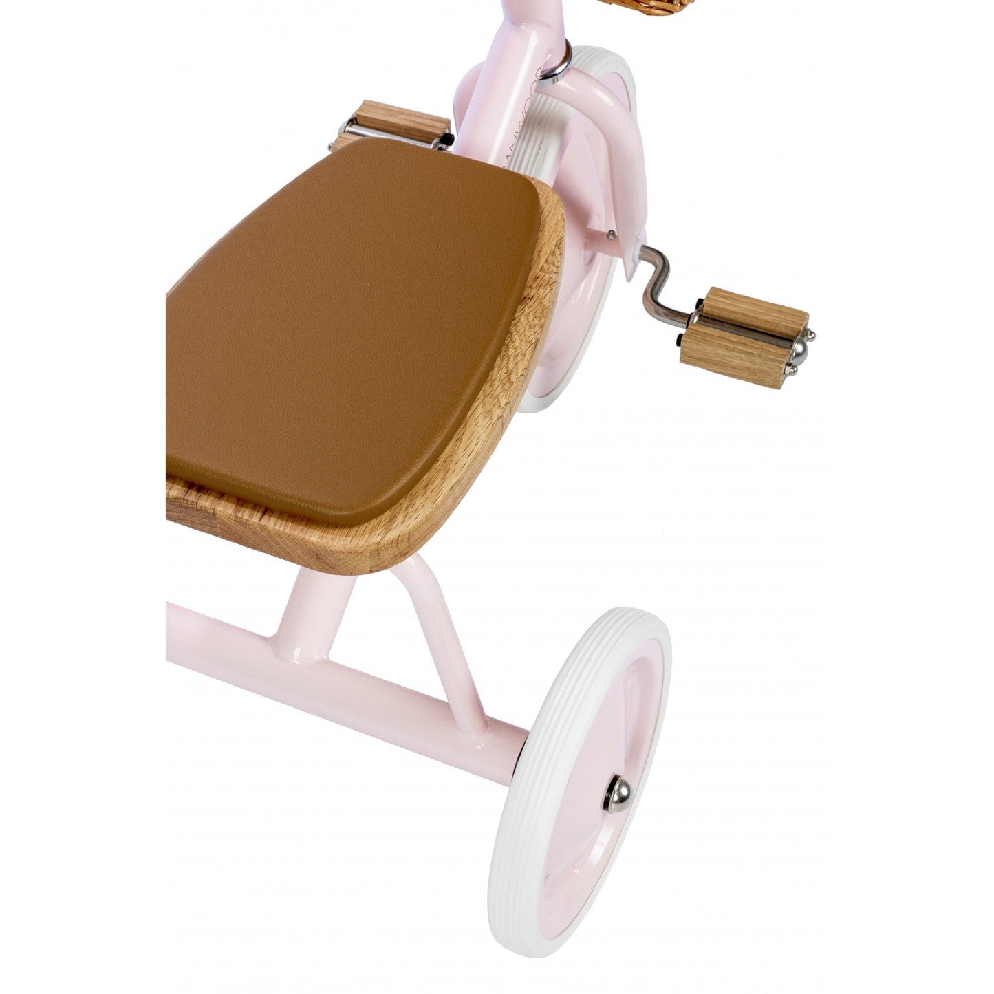 Pink tricycle with a brown seat on a white background
