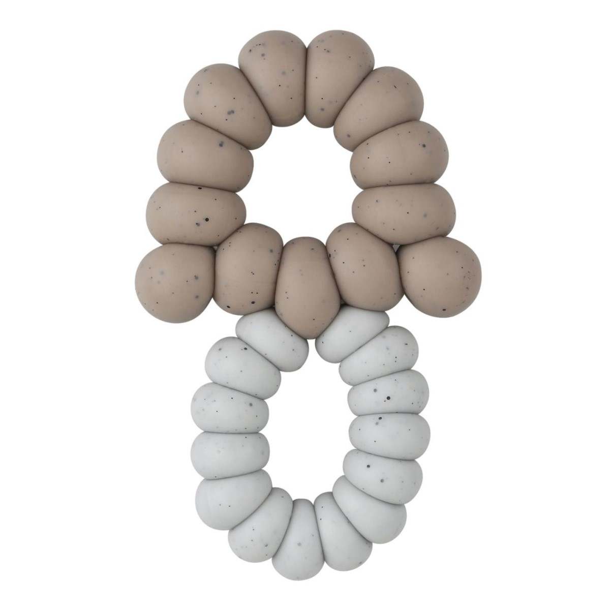 A soft blue and taupe silicone teether in the shape of a circle with smooth, rounded beads.