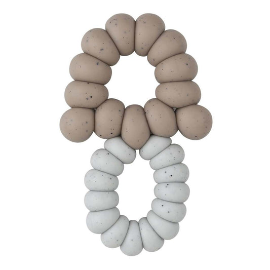 A soft blue and taupe silicone teether in the shape of a circle with smooth, rounded beads.