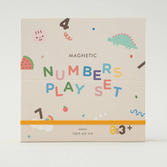 Packaging of Oioiooi Magnetic Number Play Set featuring colorful illustrations of numbers, a magnet, and a paper puzzle with a '3+' age recommendation.