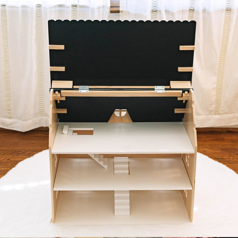 Wooden shelf with black backrest on a white surface