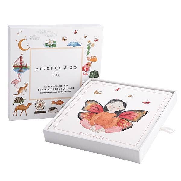 A pack of 'Mindful & Co Kids' yoga flash cards with illustrations of various animals and poses, designed for children.