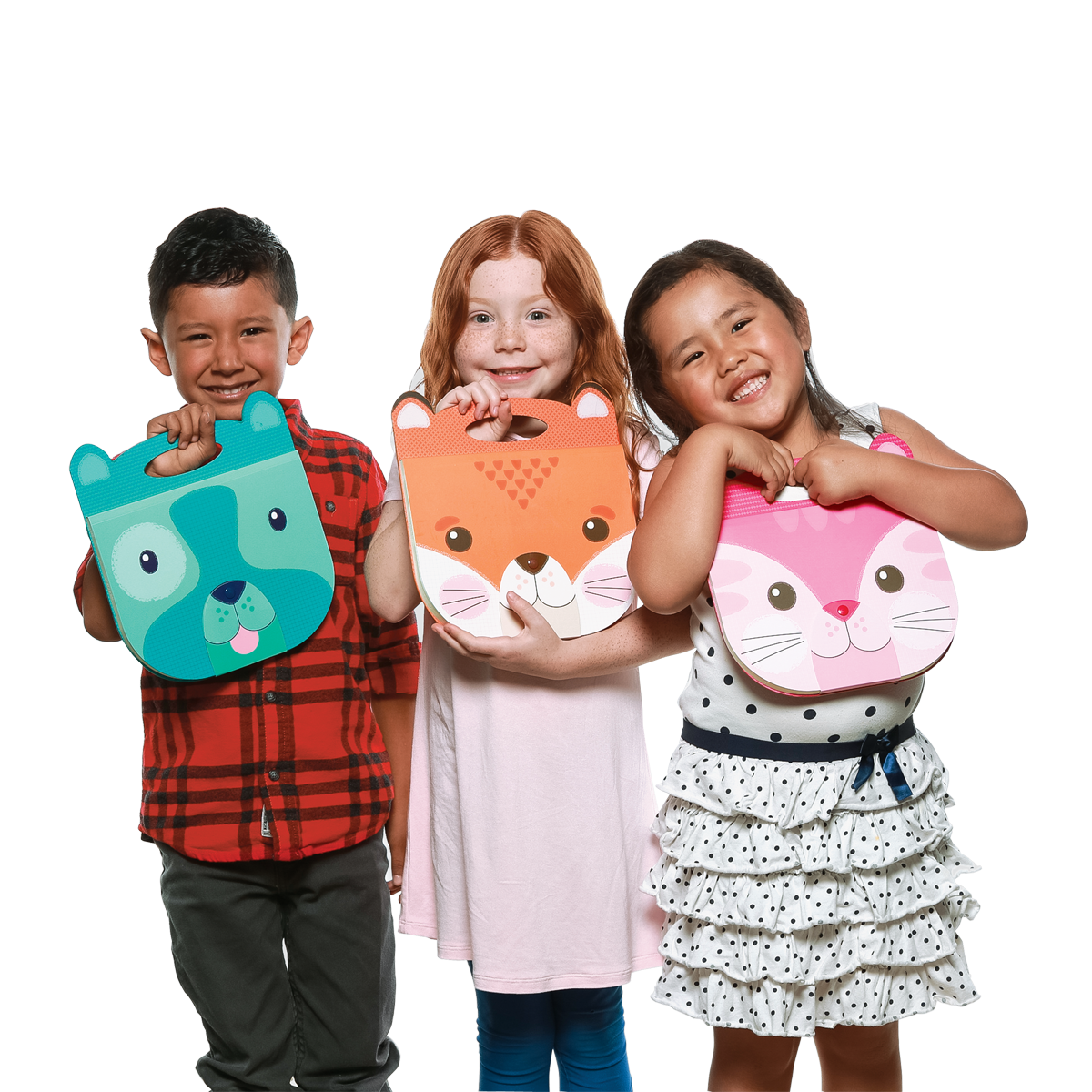 3 children each holding different animal sketchbooks.