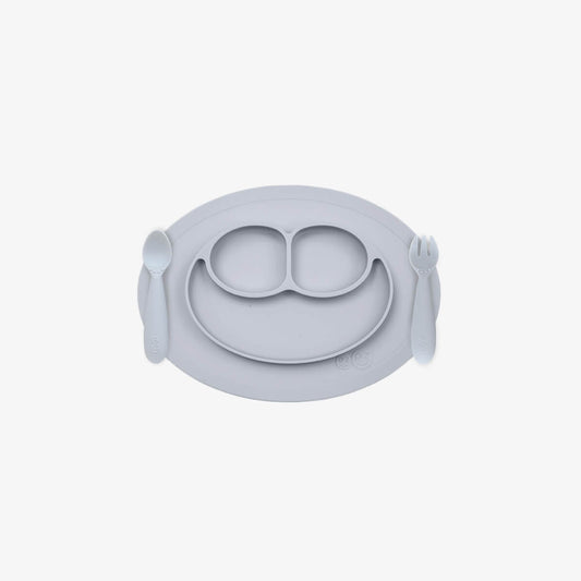 Gray silicone bib with two pouches on a white background