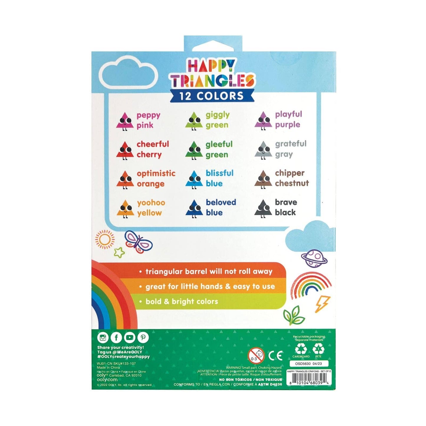 The backside packaging of Happy Triangles jumbo crayons listing 12 colors.