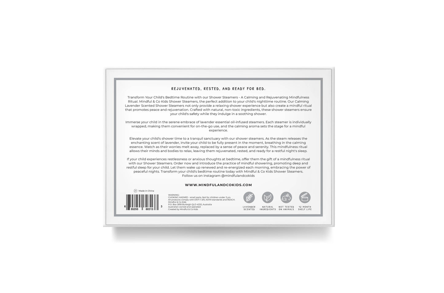 The backside packaging of the Mindful & Co. Kid's shower steamers.