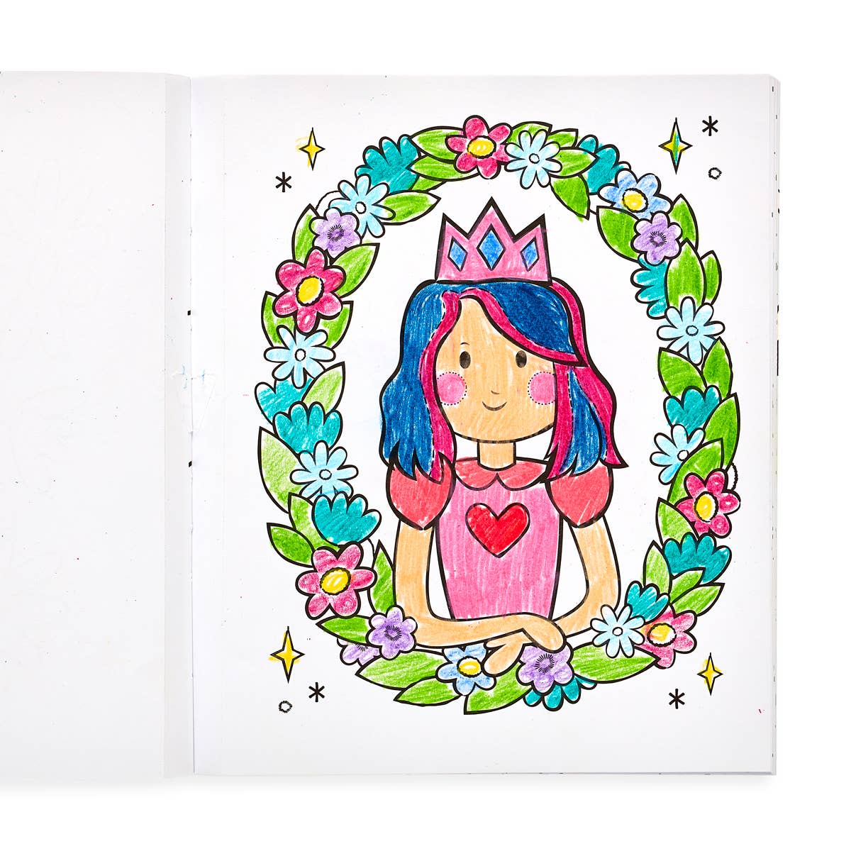 A colored in page of a princess wearing a crown with heart on her chest surround by wreath.