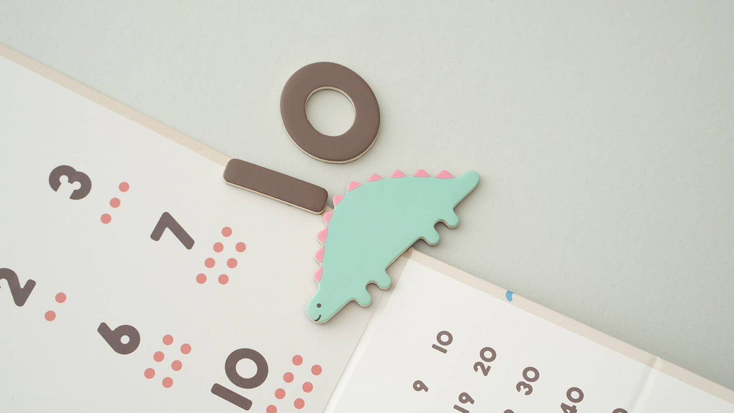 Close up of a dinosaur and number 10 magnetic piece.