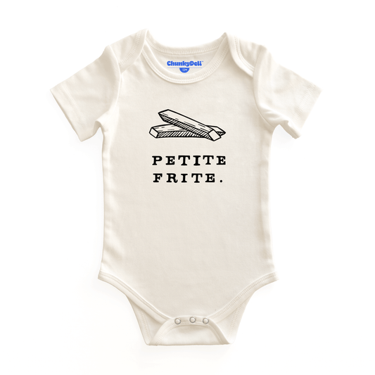White baby onesie with 'Petite Frite' text and graphic on a white background