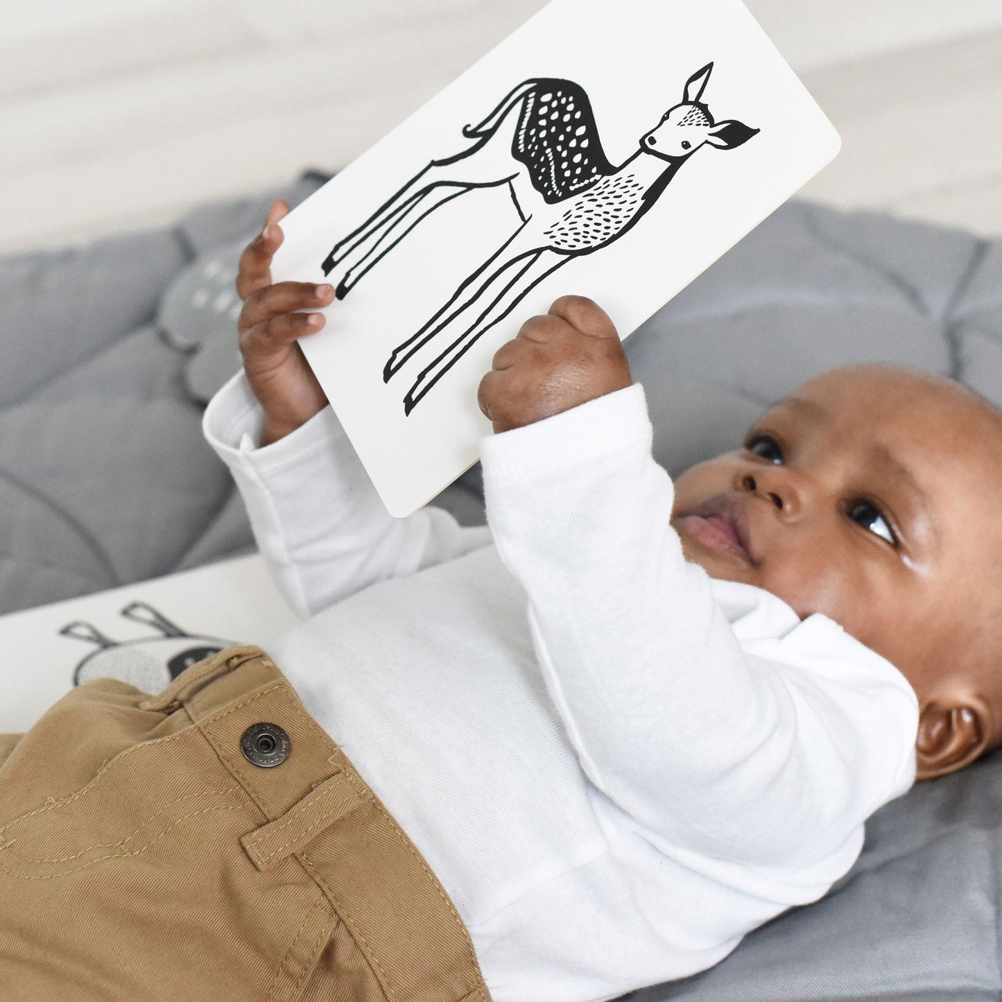 Baby holding a card with a black and white illustration of a kangaroo.