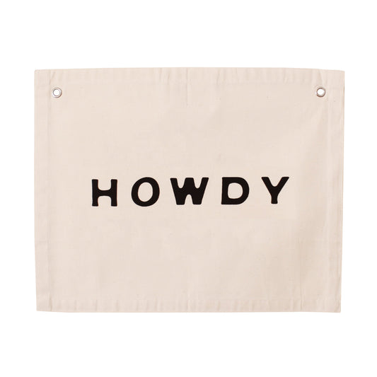Beige banner with 'HOWDY' text on a white background