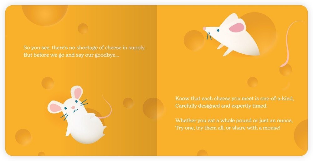 Illustration of two mice on a yellow background with text about cheese supply.