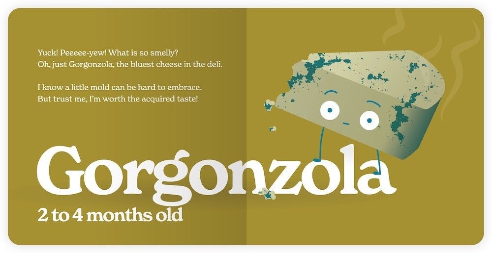 Cartoon gorgonzola cheese character on a green background with text.