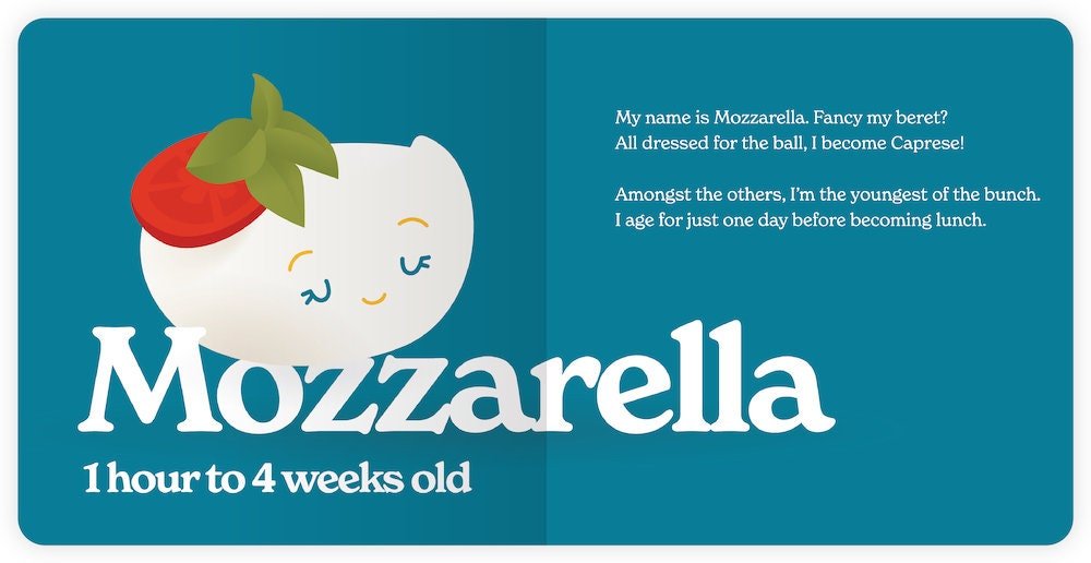 Mozzarella cheese character with text on a blue background
