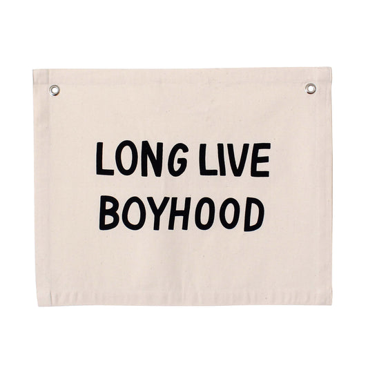 Canvas banner with 'LONG LIVE BOYHOOD' text on a white background