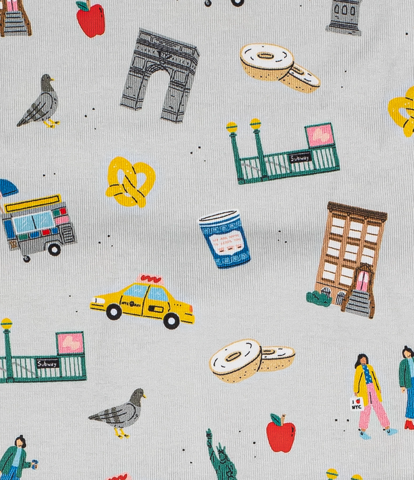 Pattern of NYC themed illustrations on a light gray background