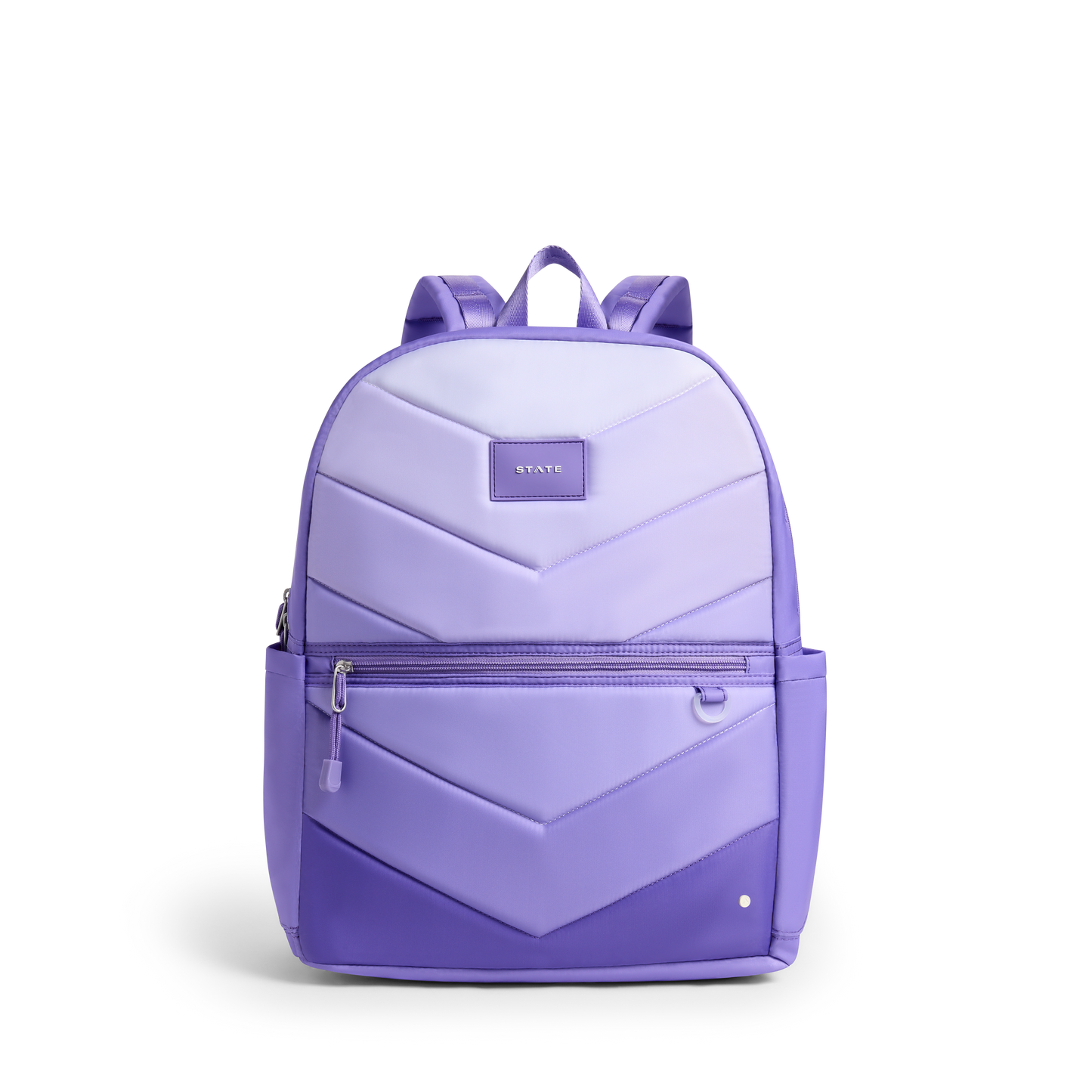 Purple backpack with a chevron pattern on a white background
