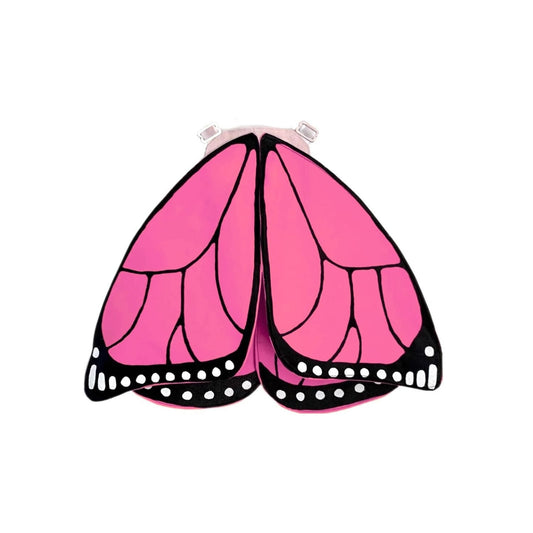 Pink butterfly wings with black and white details on a white background