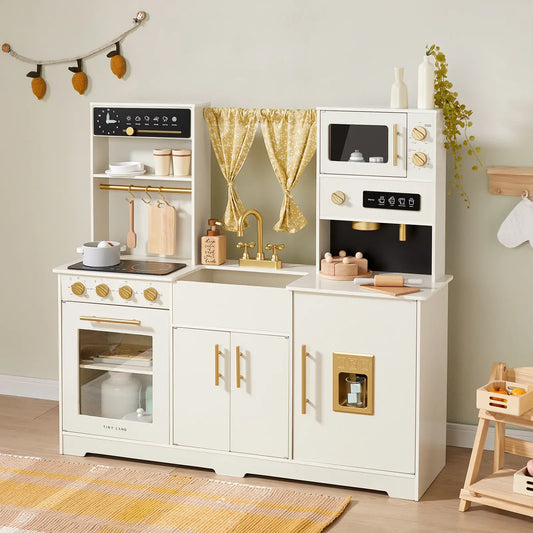 White toy kitchen set with gold accents in a room setting