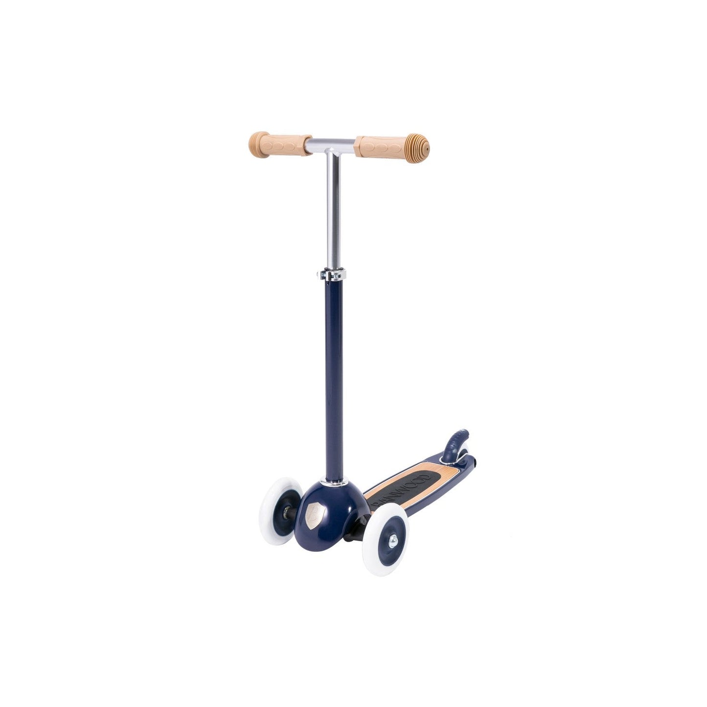 Children's scooter with wooden handlebar on a white background