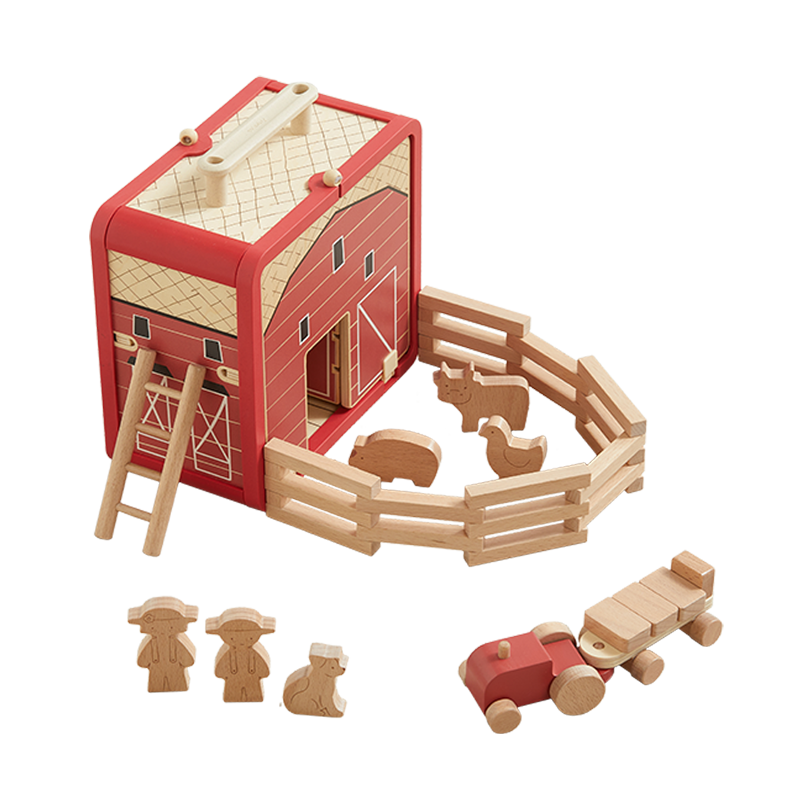 Wooden toy barn set with animals and figures on a white background