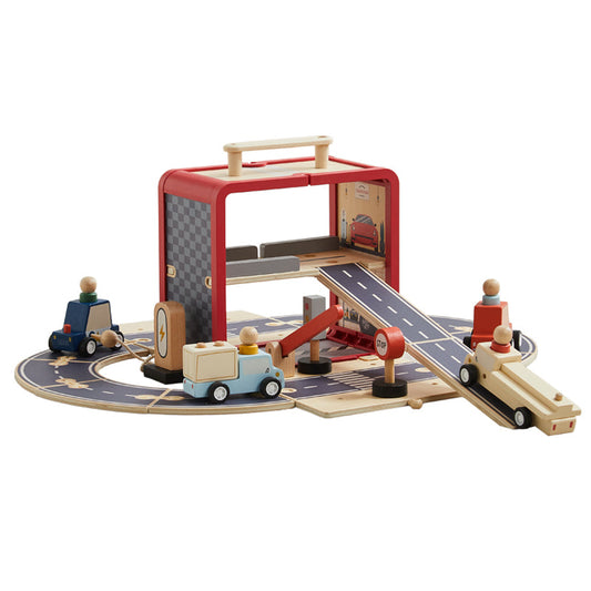 Wooden toy airport set with runways, hangers, and small cars on a white background