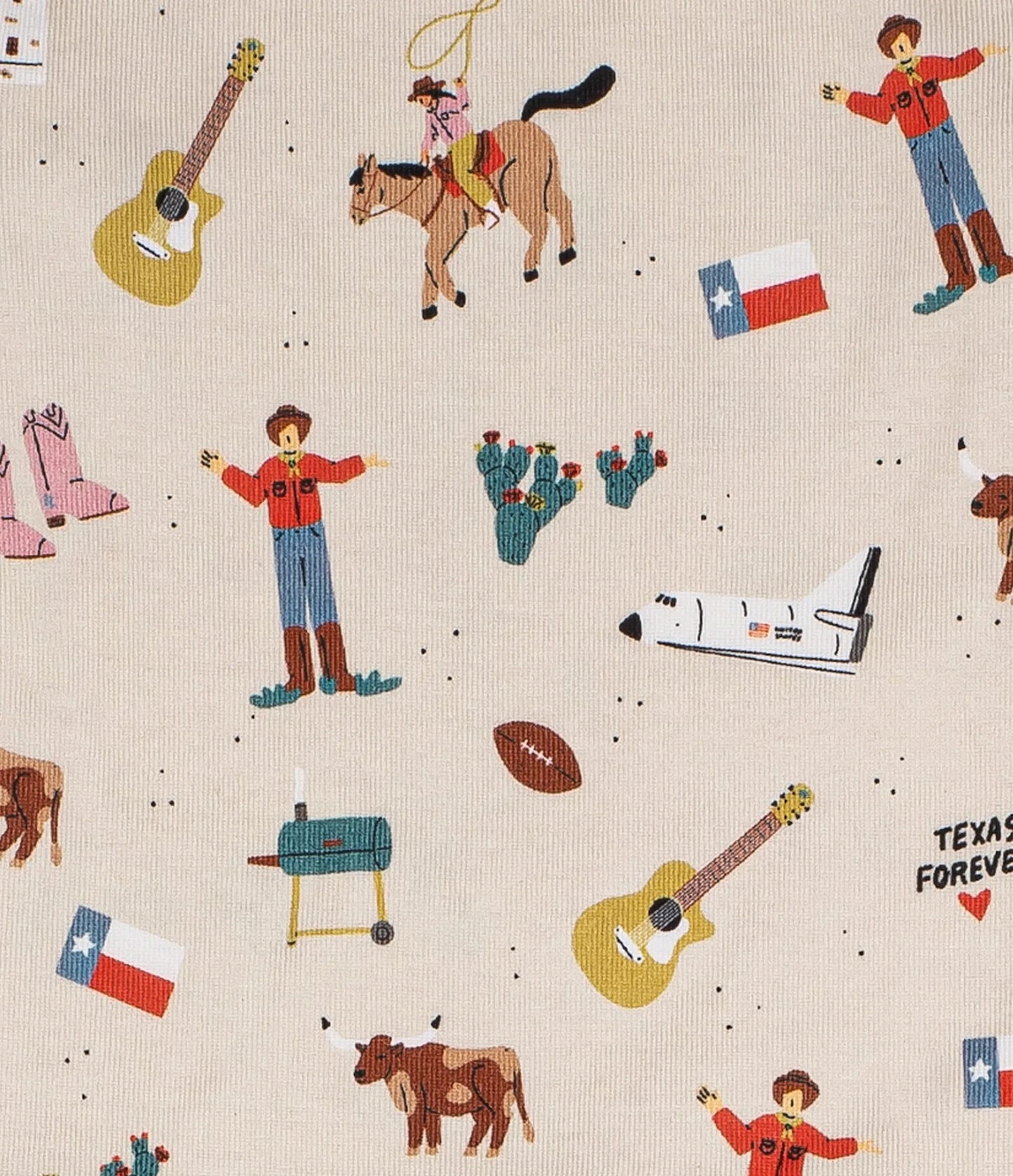 Pattern with cowboys, guitars, and Texas flags on a beige background