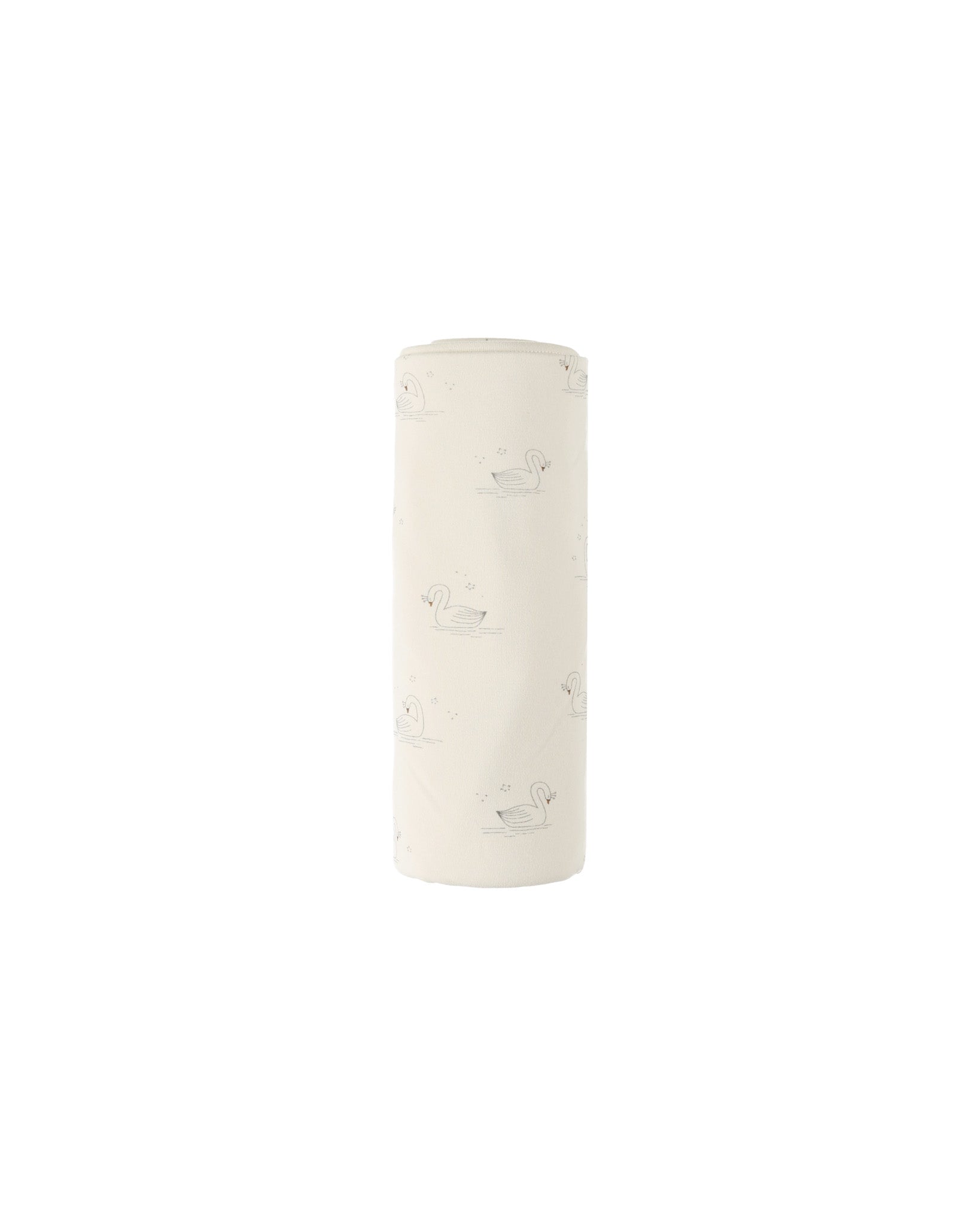 A white baby swaddle with an all-over print of swans, made from organic cotton, displayed against a white background.