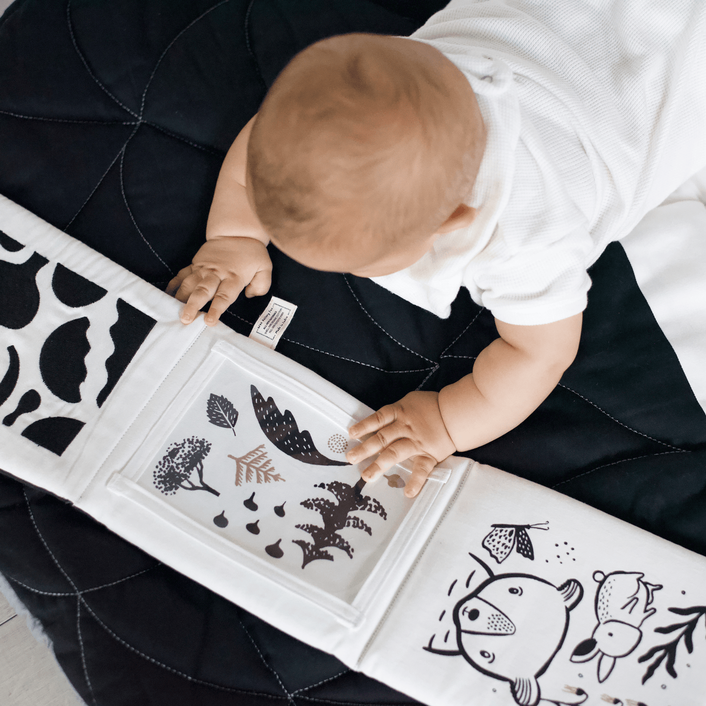Baby interacting with a book featuring black cut-out designs on a dark surface