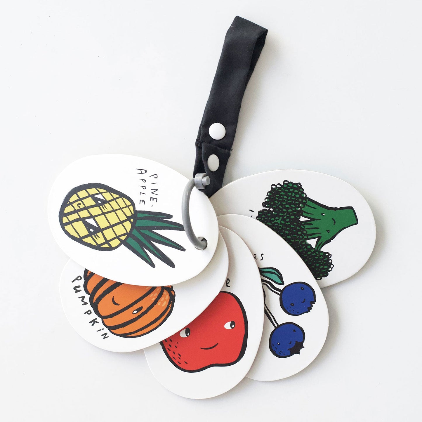Set of colorful fruit and vegetable-themed stroller cards on a white background