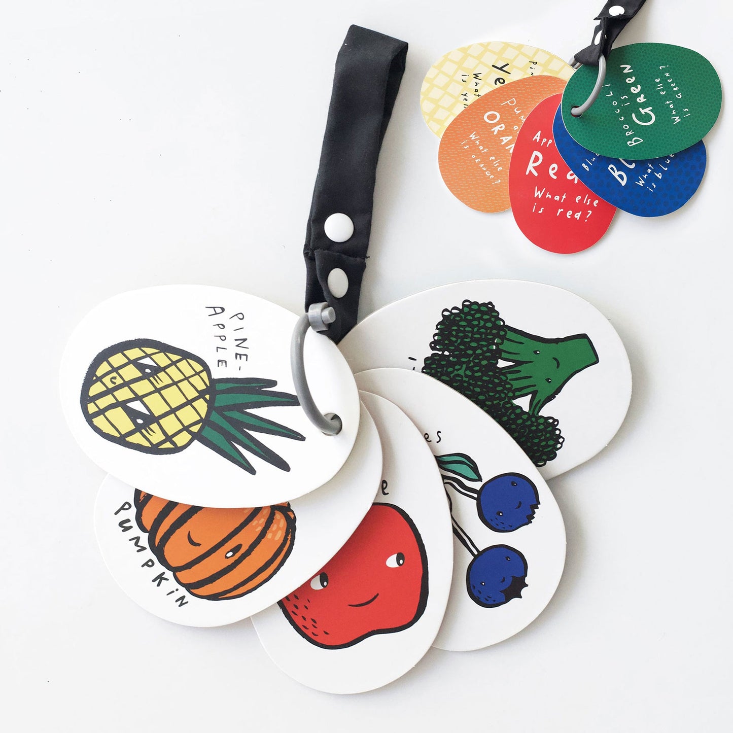 Colorful fruit-themed stroller cards on a white background