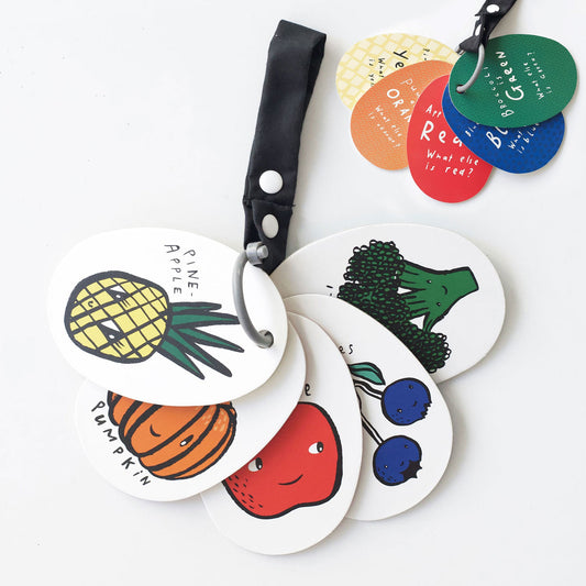 Colorful fruit-themed stroller cards on a white background