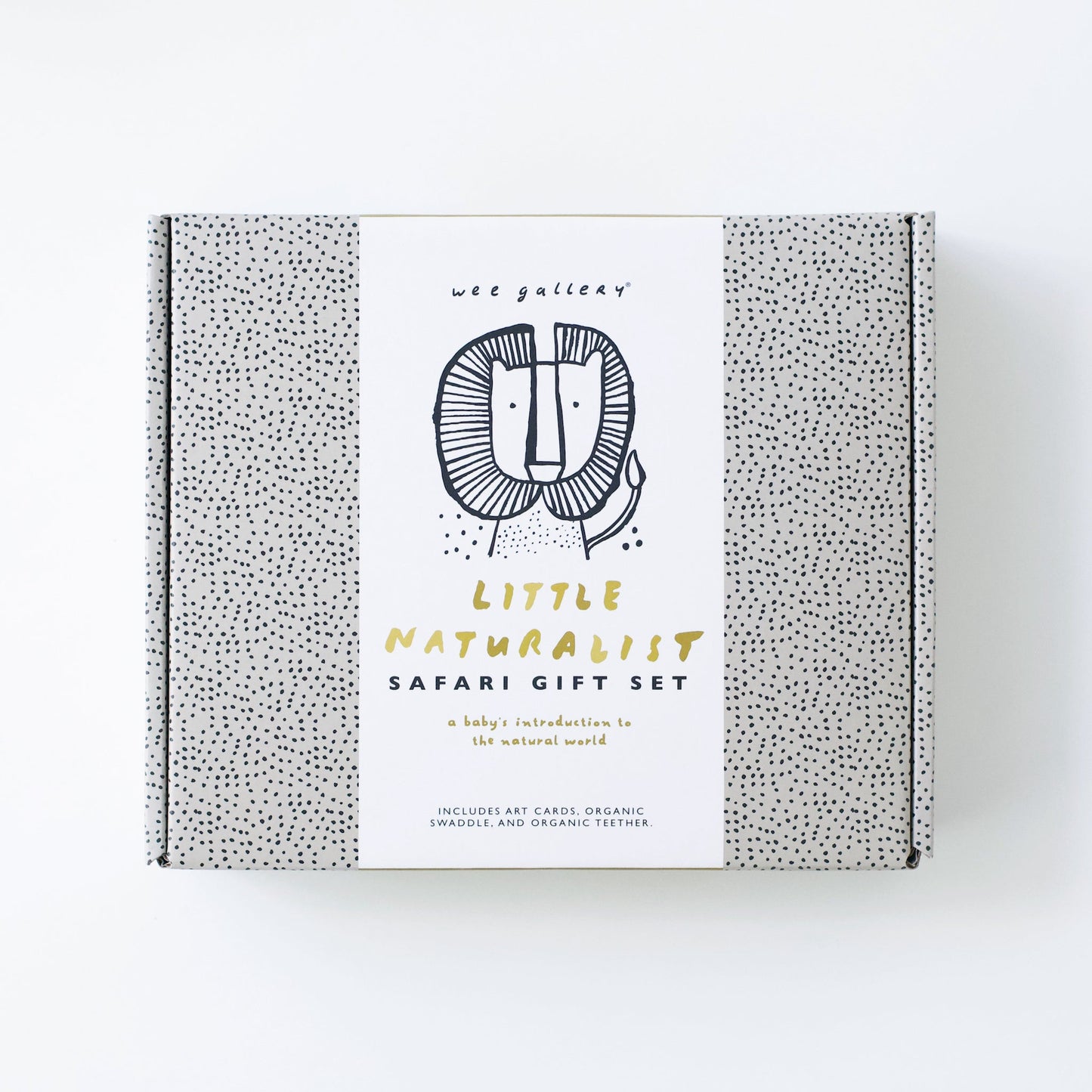 Gift set packaging for 'Little Naturalist Safari' with a lion illustration on a white background