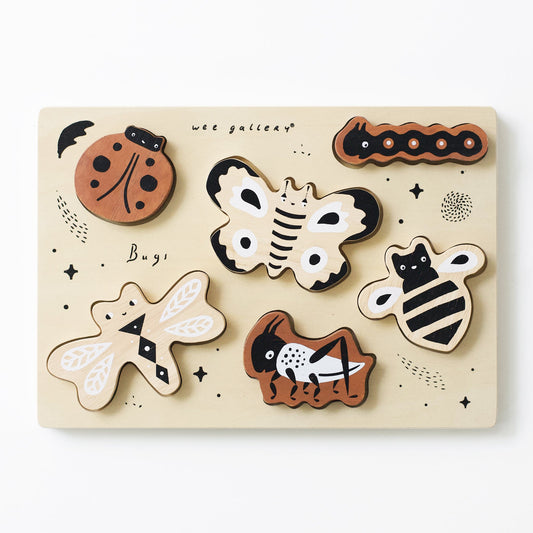 Wooden puzzle with insect shapes on a beige background