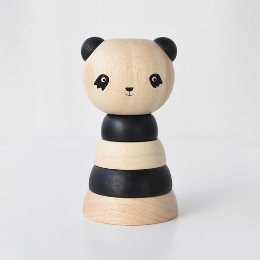 Wooden panda toy with black and beige stripes on a white background