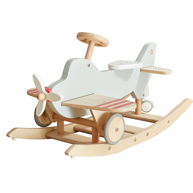 Wooden airplane-shaped rocking toy on a white background
