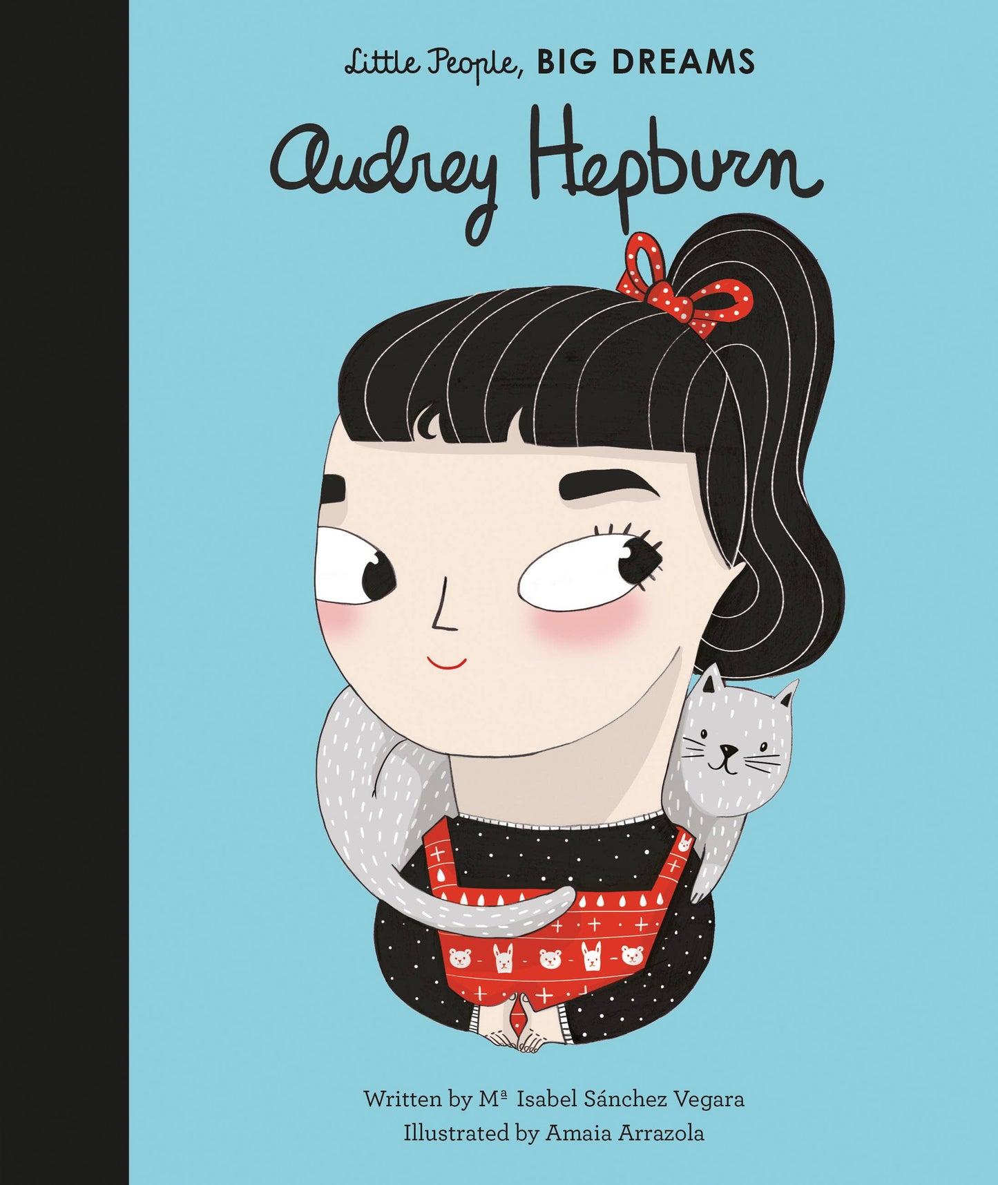 Illustrated cover of a children's biography book about Audrey Hepburn, featuring an illustration of her as a young girl with a cat on her shoulder.