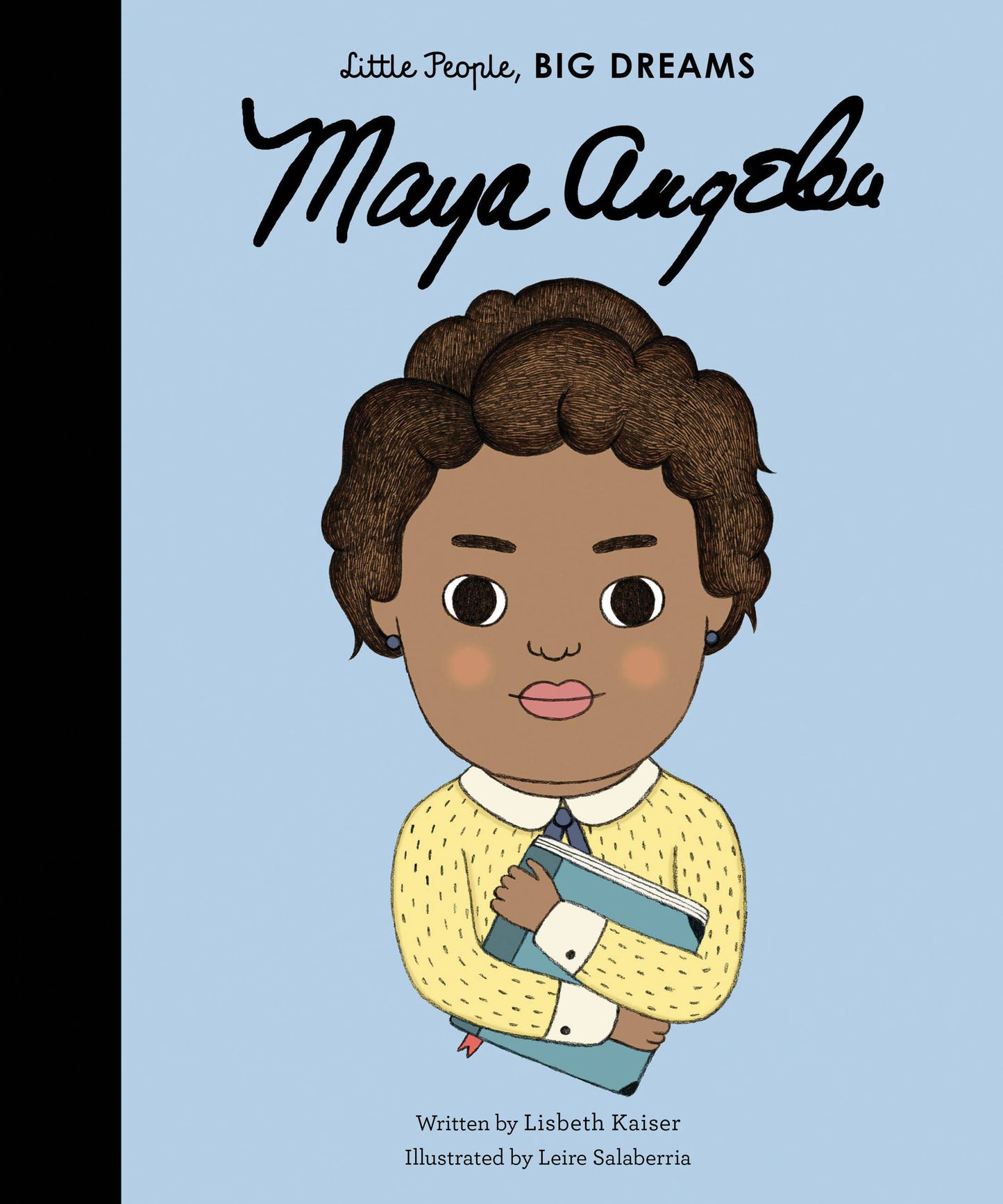 Illustrated cover of a children's book featuring a cartoon character of Maya Angelou with a book in her hands, titled 'Little People, BIG DREAMS Maya Angelou'.