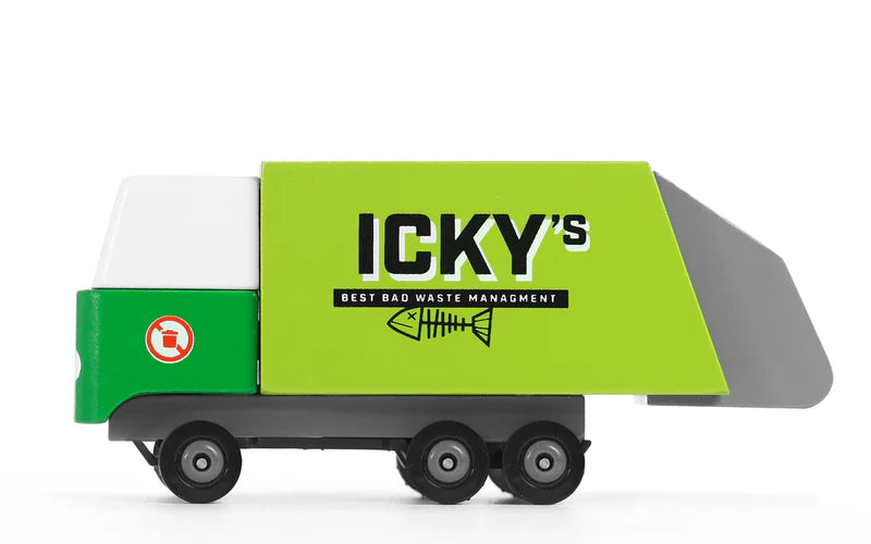 Model of a waste management truck with 'ICKY'S' branding on a white background